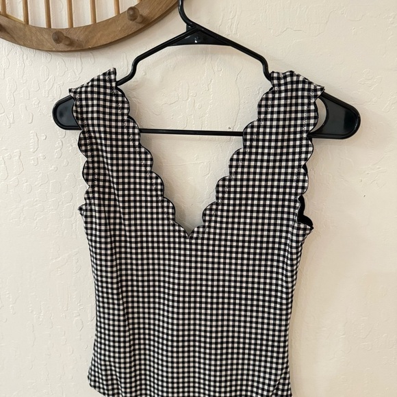Black White Gingham Check Stretch Scallop Double Sided Slip On Bodysuit M/L - Picture 2 of 8